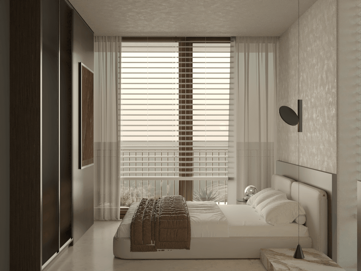 Bedroom with a pale upholstered bed, timber cabinetry and window blinds — Aura