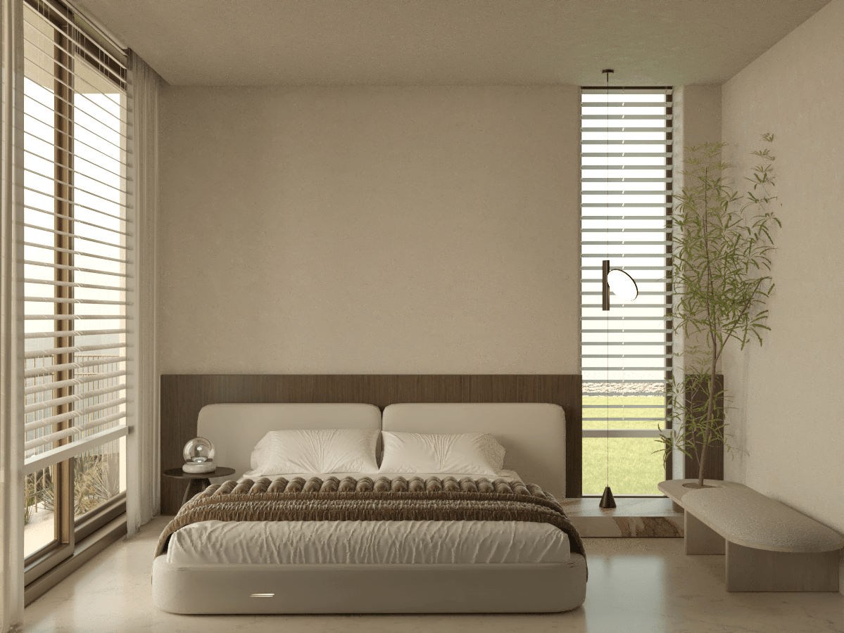 Bedroom visualisation with a low upholstered bed and tall corner windows — Aura