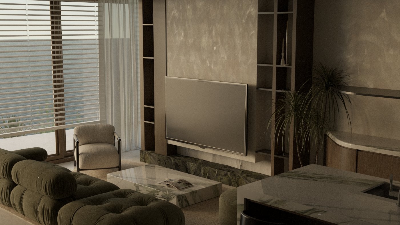 Open-plan lounge with a television partition and dark shelving — Aura
