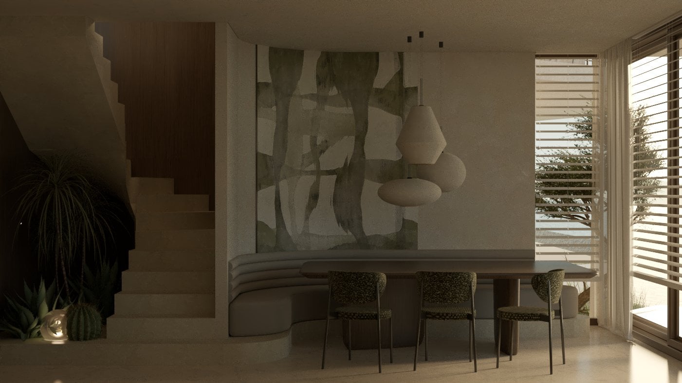 Dining area with a large botanical wall panel and window blinds — Aura