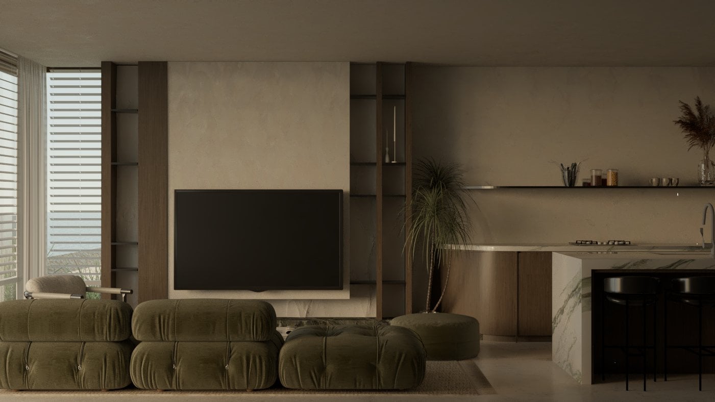 Living room with green seating, a television and a pale fireplace surround — Aura