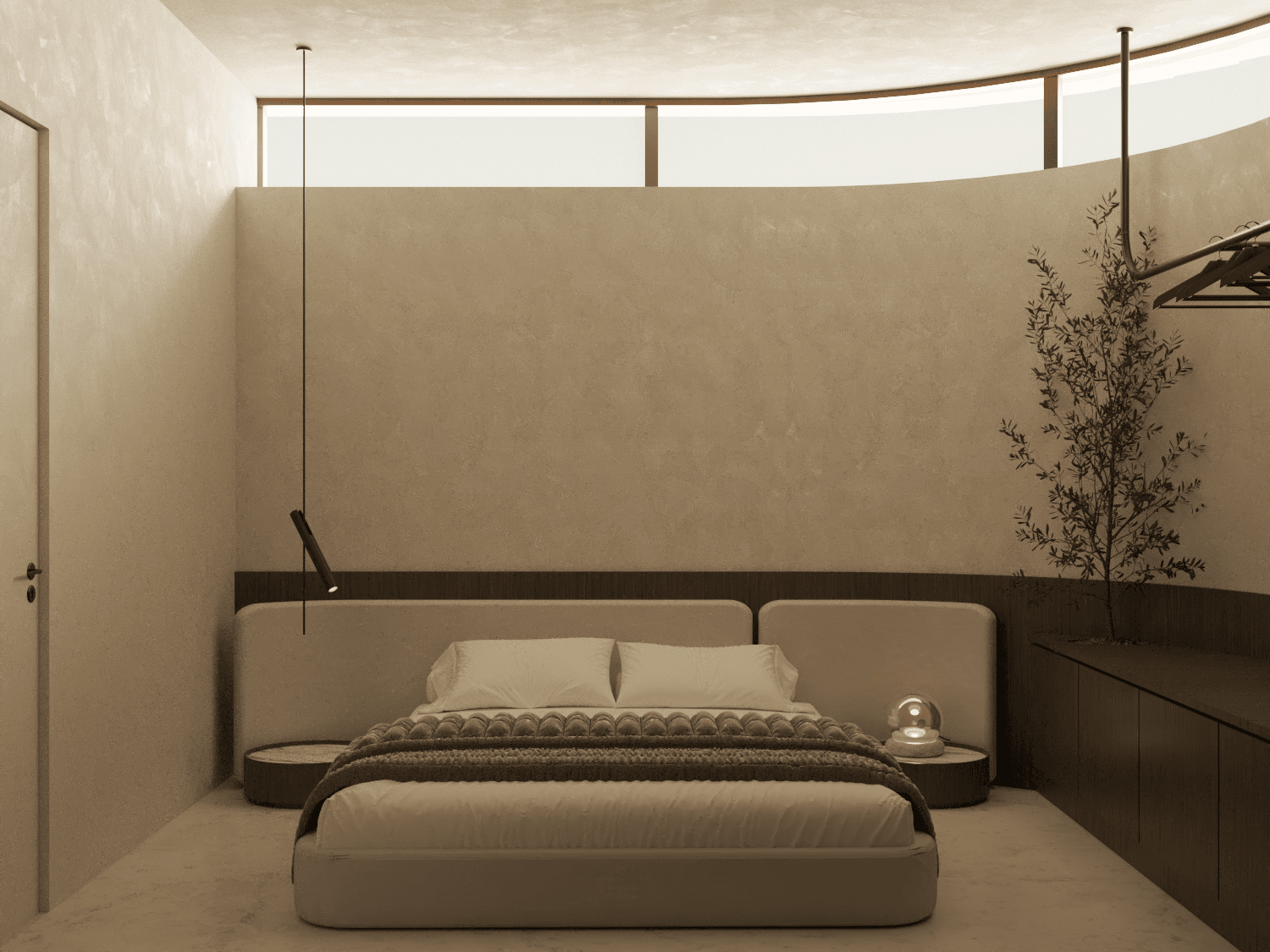 Bedroom with a low upholstered bed and high windows across the rear wall — Aura