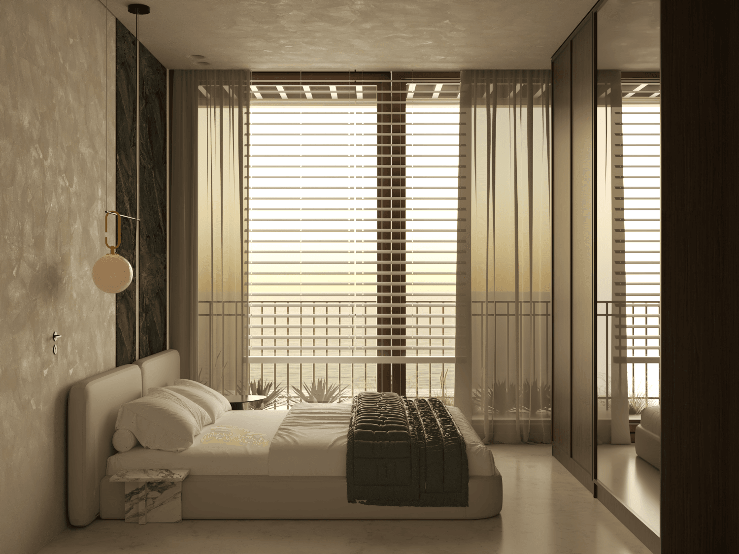 Bedroom with a pale bed, pendant lights and a tall glazed opening — Aura