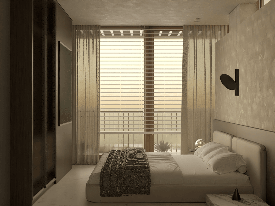 Bedroom with a pale bed beneath tall windows and dark curtains — Aura