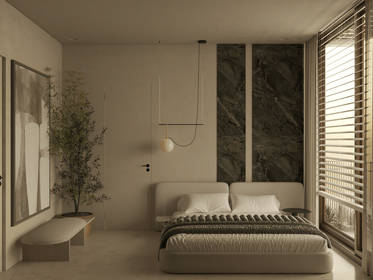 Bedroom visualisation with glazed doors, patterned wall panels and a low bed — Aura