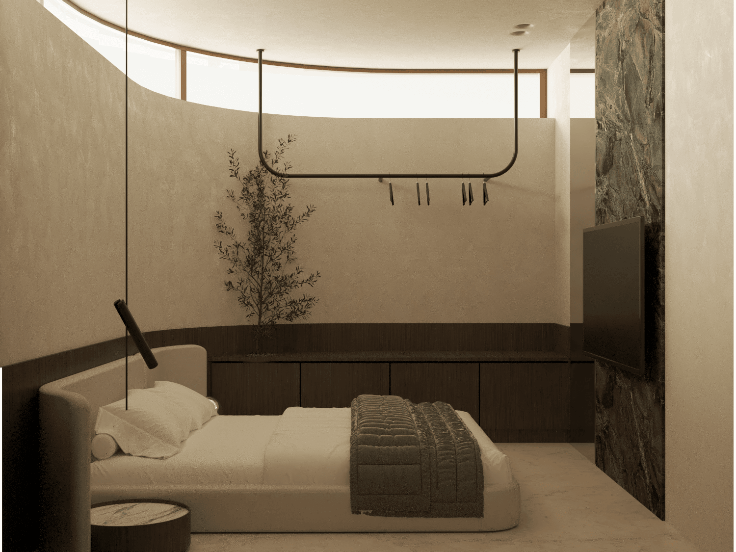 Low bed beneath clerestory windows with a slim black hanging light — Aura