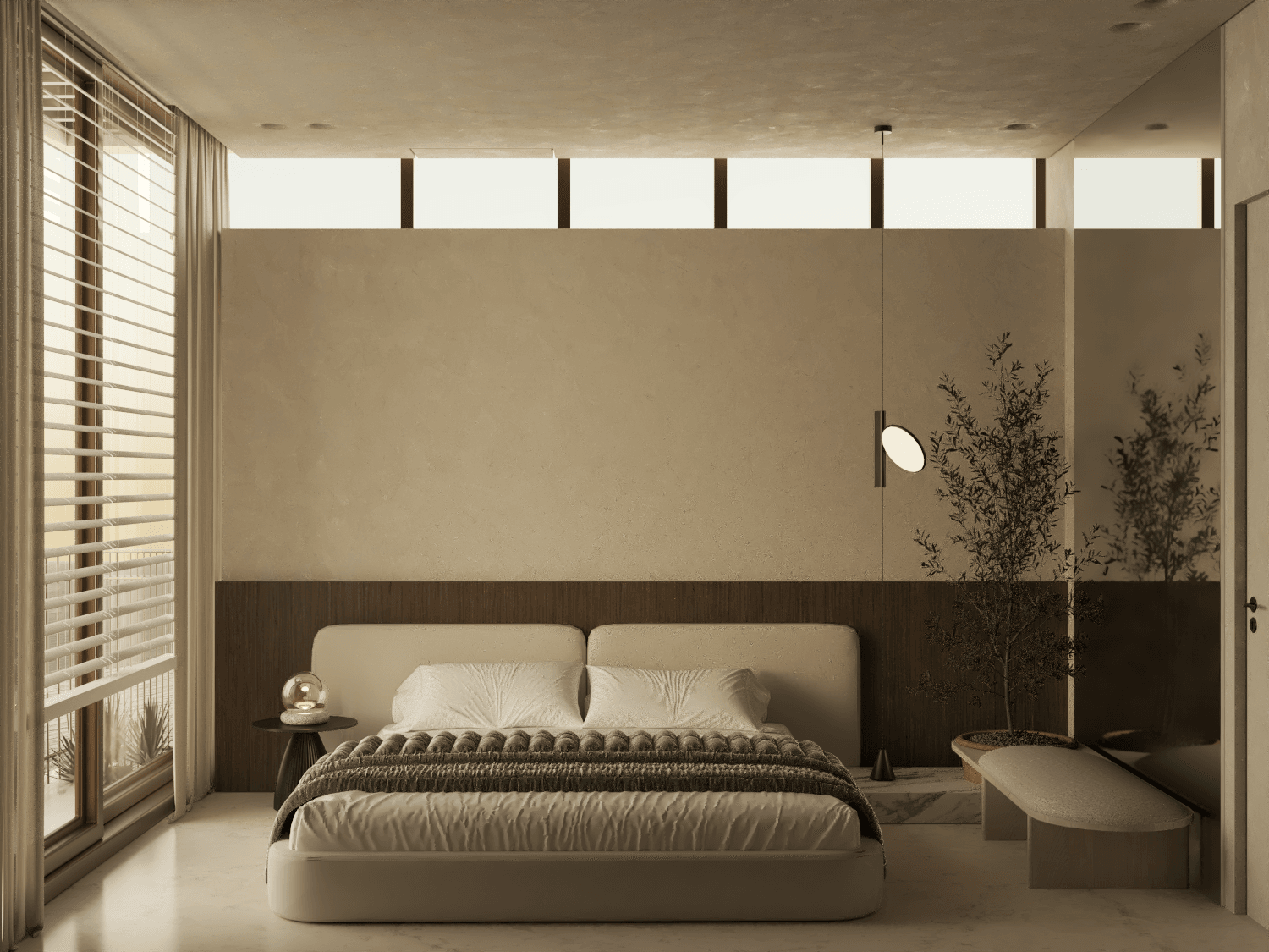 Bedroom with high windows above the headboard and a tree beside the bed — Aura