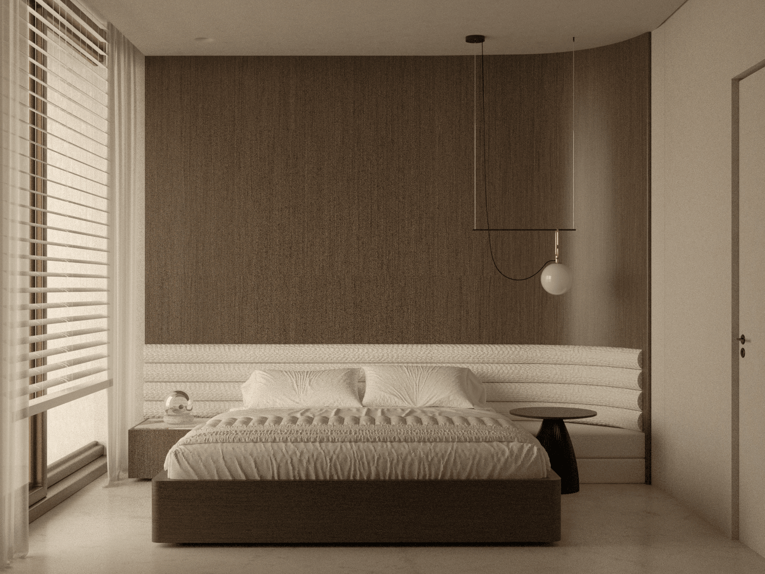 Bedroom with a dark feature wall, pale bed and hanging bedside lights — Aura