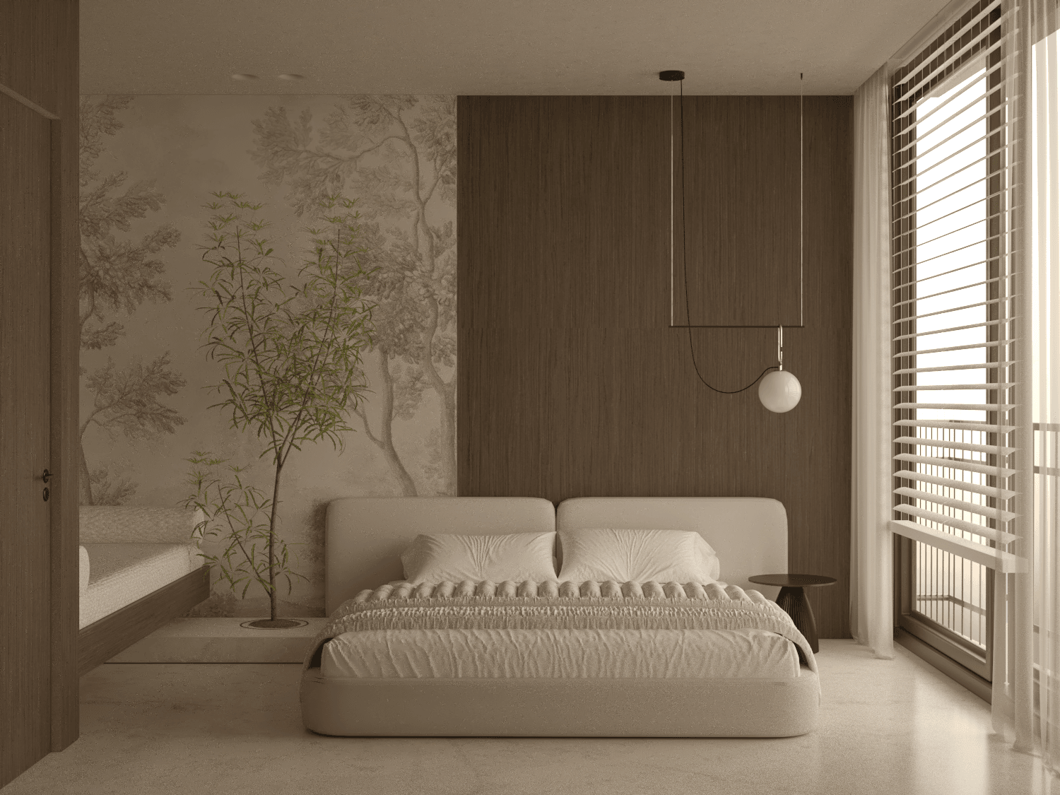 Bedroom visualisation with a botanical wall panel and a dark headboard wall — Aura