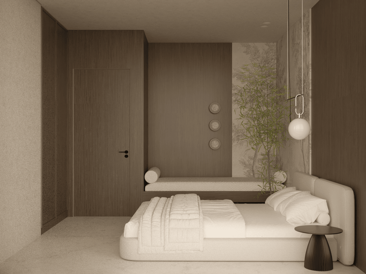 Bedroom with pale bedding, hanging pendant lights and a dark wall behind the bed — Aura